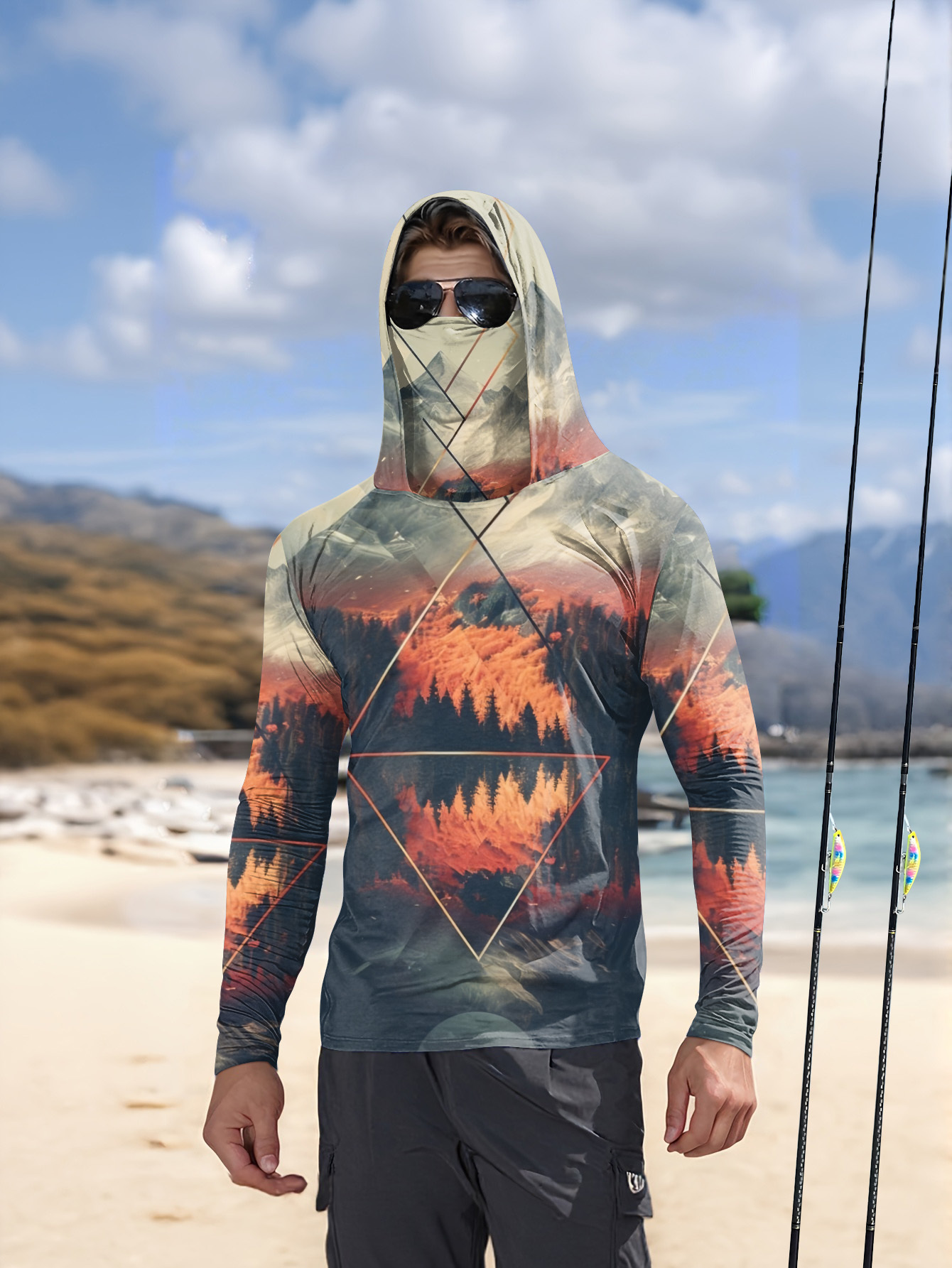 3D Printing Mask - Outdoor Men's Fishing Hoodie Built‑in Face